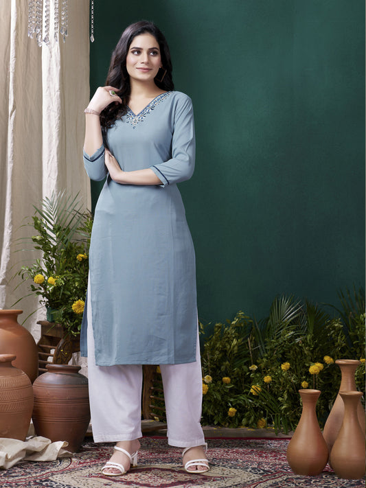 Blue Color Formal Looking Kurti With Maaza Cotton Hand Work With Pocket