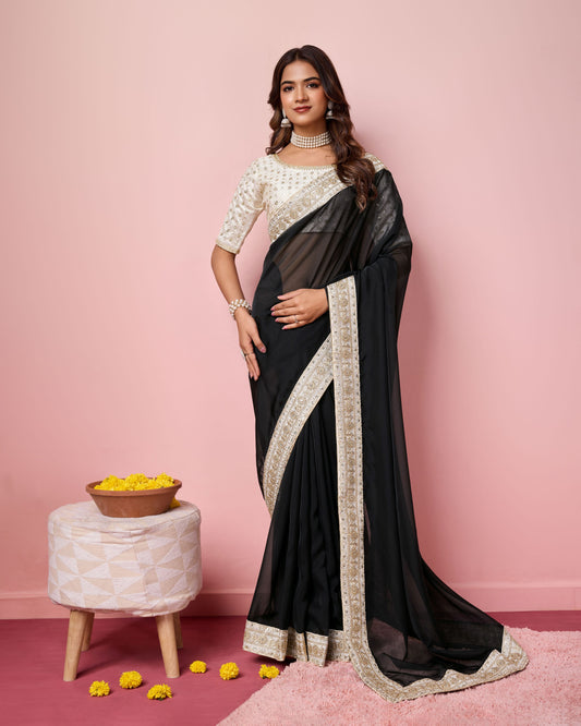 Girlie Black Color Organza Saree With Ethnic Embroidery Work On Border And Blouse