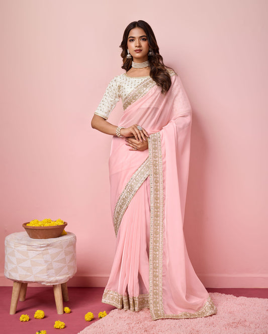 Girlie Rose Pink Color Organza Saree With Ethnic Embroidery Work On Border And Blouse