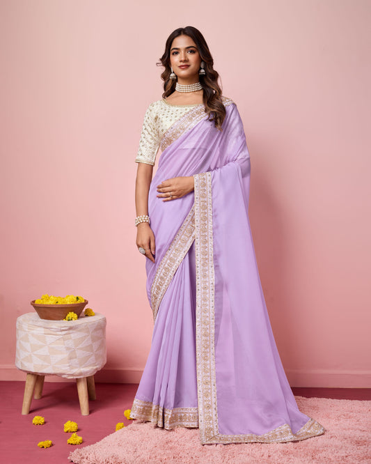 Girlie Purple Color Organza Saree With Ethnic Embroidery Work On Border And Blouse