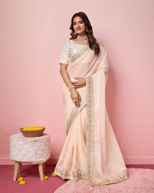 Girlie Peach Color Organza Saree With Ethnic Embroidery Work On Border And Blouse