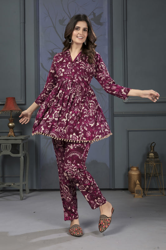 Burgundy Color Beautiful Designer Printed Rayon Fabric Partywear Co-ord Sets Dress