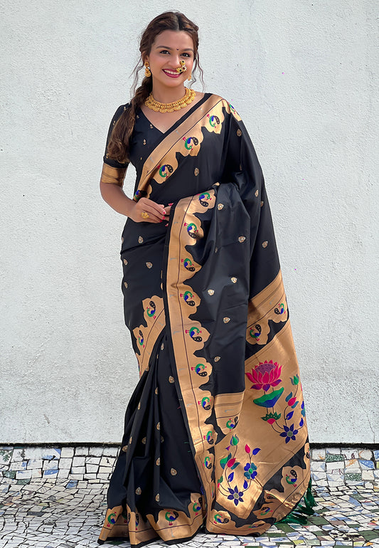 Black Wevon Paithani Meenakari Designer Saree For Graceful Party Looks