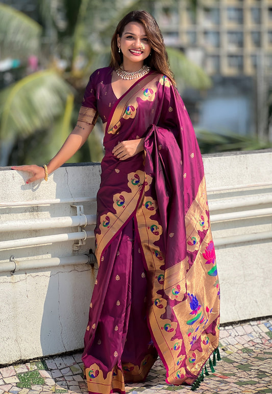 Magenta Wevon Paithani Meenakari Designer Saree For Graceful Party Looks