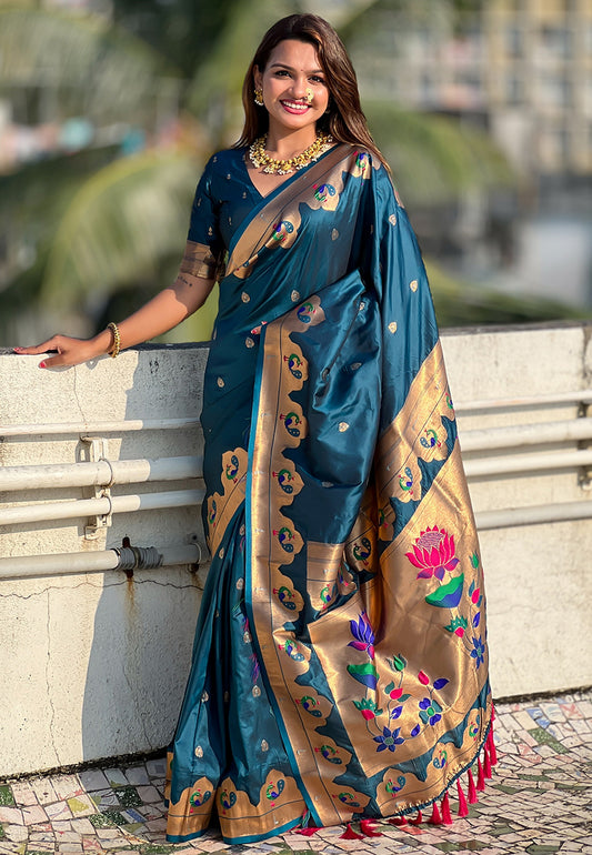 Teal Blue Wevon Paithani Meenakari Designer Saree For Graceful Party Looks