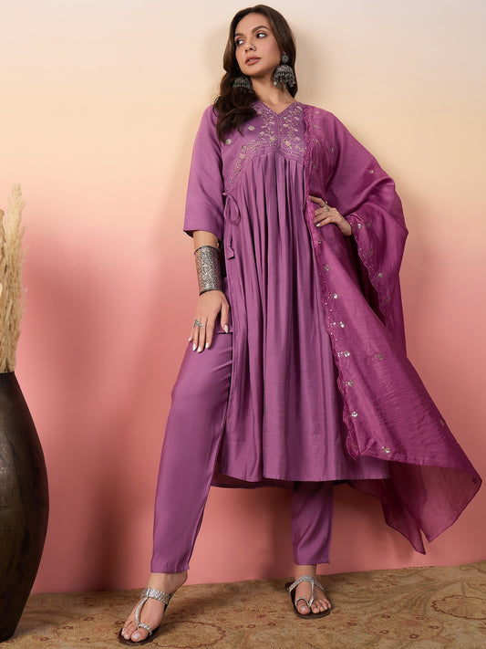 Purple Color Silk Fabric Designer Embroidery Work Graceful Partywear Readymade Suit