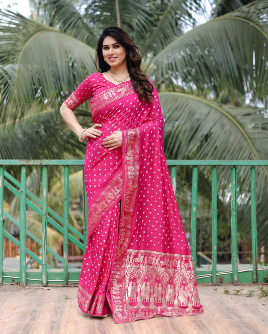 Pink Color Dola Silk Fabric Wevon Border Pallu Designer With Bandhej Work Saree