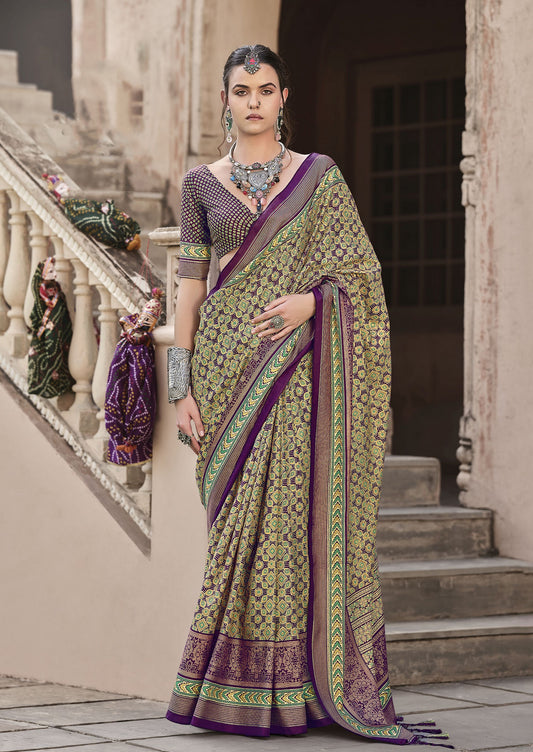 Purple Color Sigma Silk Designer Ajrakh Printed Traditional Print Saree