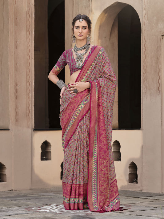 Pink Color Sigma Silk Designer Ajrakh Printed Traditional Print Saree