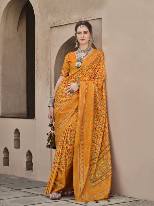 Yellow Color Sigma Silk Designer Ajrakh Printed Traditional Print Saree