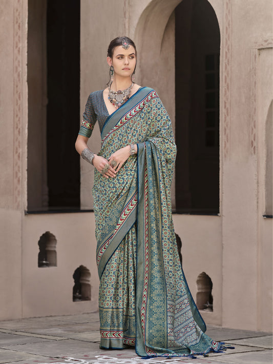 Teal Color Sigma Silk Designer Ajrakh Printed Traditional Print Saree