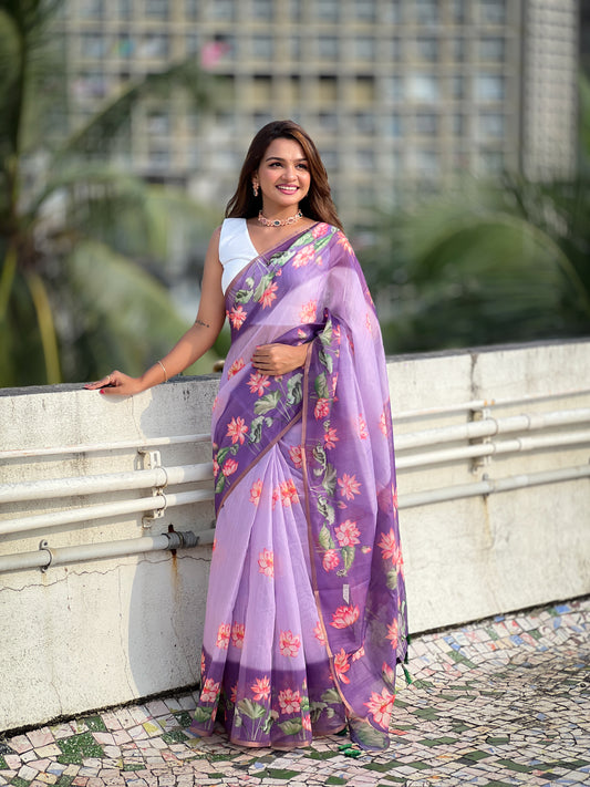 Purple Color Chanderi Cotton Designer Digital Printed Festive Partywear Saree