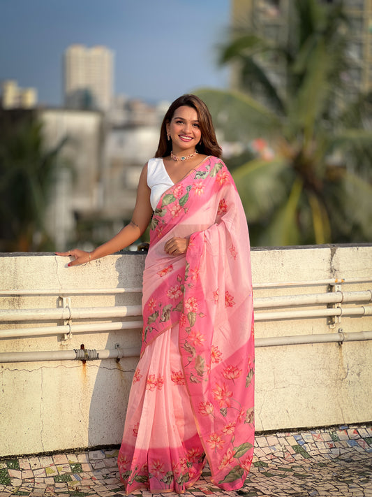 Pink Color Chanderi Cotton Designer Digital Printed Festive Partywear Saree