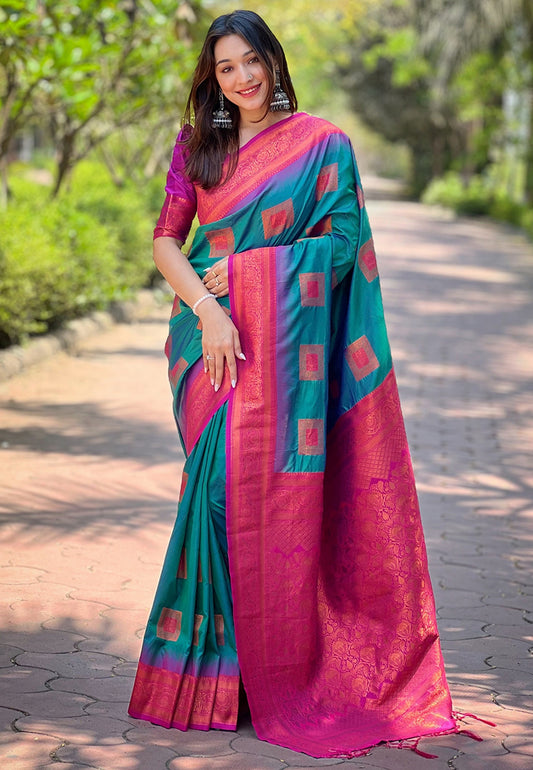 Rama Color Wevon Meenakari Designer Soft Silk Saree For Traditional Rich Looks