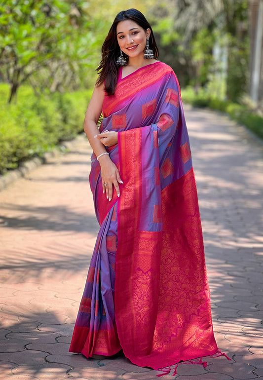 Purple Color Wevon Meenakari Designer Soft Silk Saree For Traditional Rich Looks