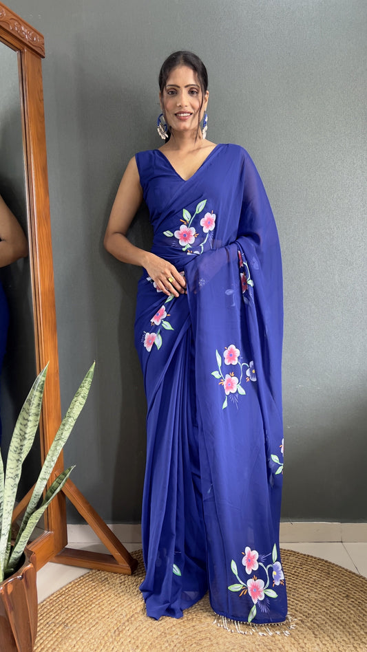 Blue Color Faux Georgette Ready To Wear Designer Hand Printed Saree