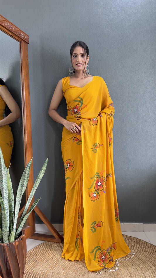 Mustard Color Faux Georgette Ready To Wear Designer Hand Printed Saree