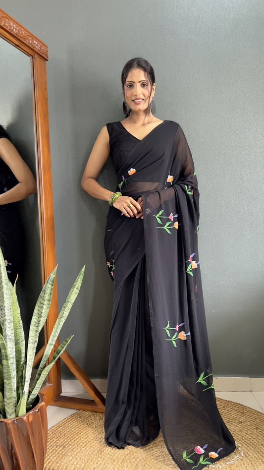 Black Color Faux Georgette Ready To Wear Designer Hand Printed Saree