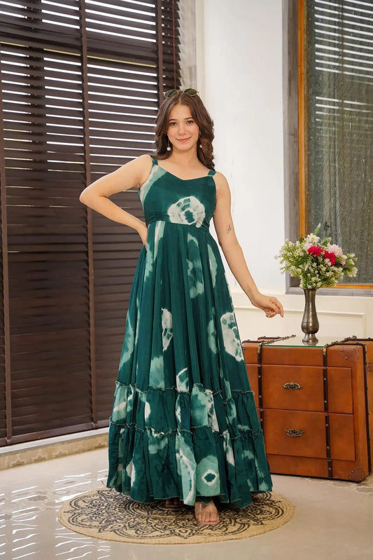 Teal Color Ethnic Rayon Fabric Designer Digital Printed Long Partywear Gown