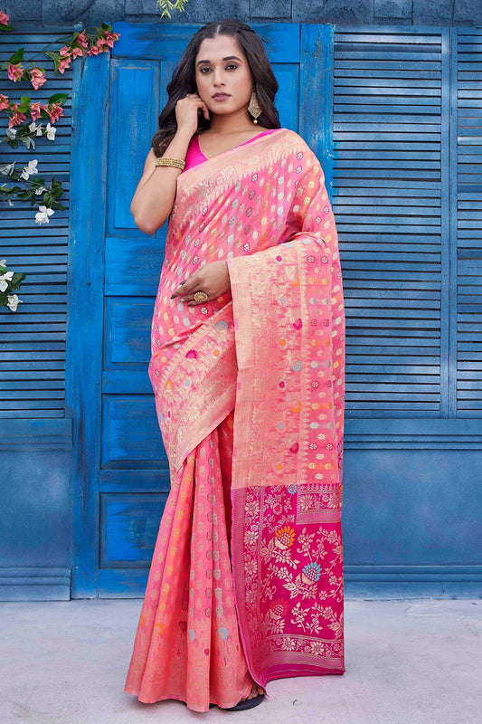 Pink Color Ethnic Silk Blend Fabric Graceful Festive Saree With Wevon Jacquard Designer