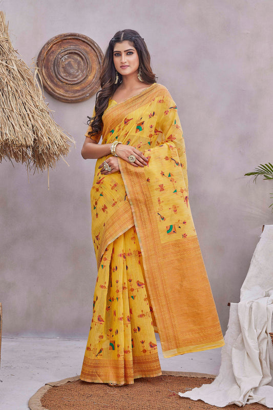 Yellow Color Ethnic Linen Fabric Graceful Festive Saree With Wevon Jacquard Designer