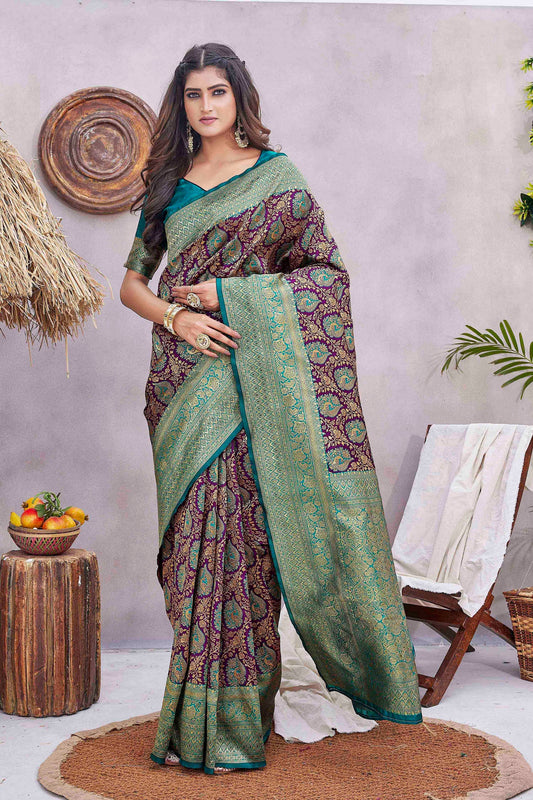 Purple Color Ethnic Silk Blend Fabric Graceful Festive Saree With Wevon Jacquard Designer