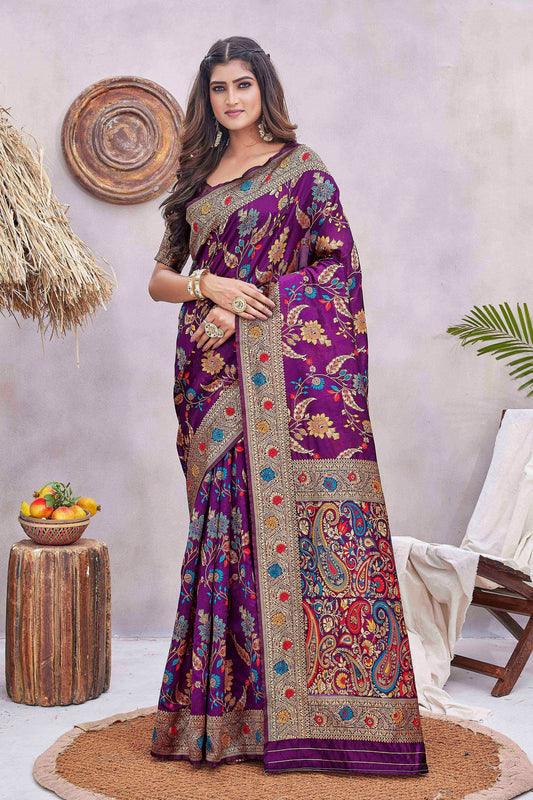 Purple Color Ethnic Pashmina Fabric Graceful Festive Saree With Wevon Jacquard Designer