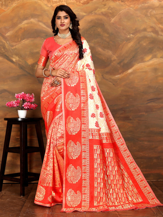 Red Color Ethnic Silk Blend Fabric Graceful Festive Saree With Wevon Jacquard Designer