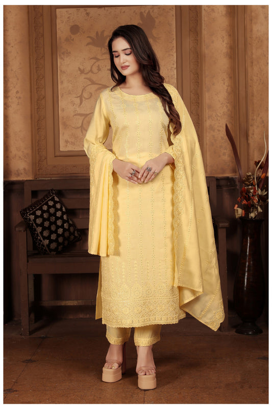 Yellow Color Peri Chanderi Fabric Thread And Sequance Embroidery Work Readymade Salwar Kameez