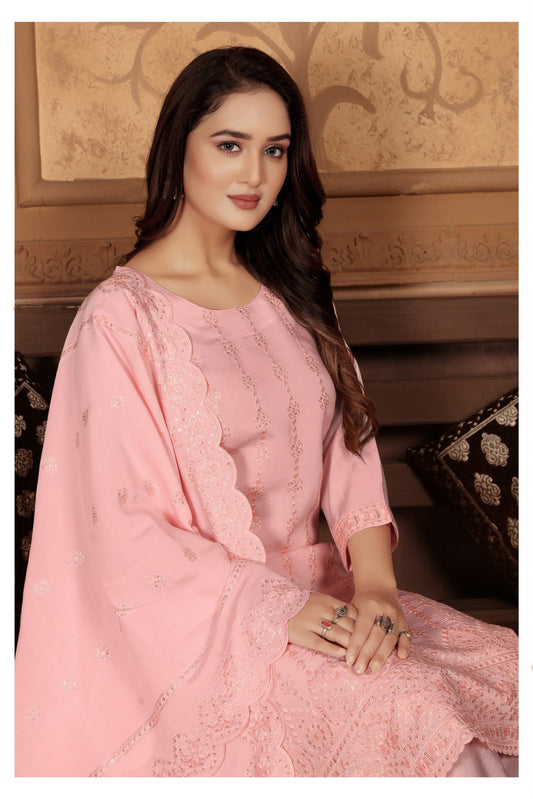 Peach Color Peri Chanderi Fabric Thread And Sequance Embroidery Work Readymade Salwar Kameez