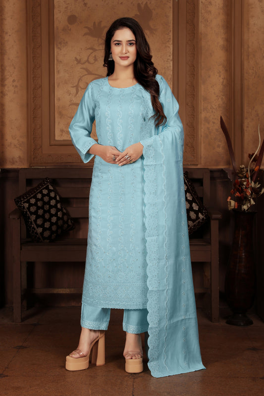 Blue Color Peri Chanderi Fabric Thread And Sequance Embroidery Work Straight Kurta