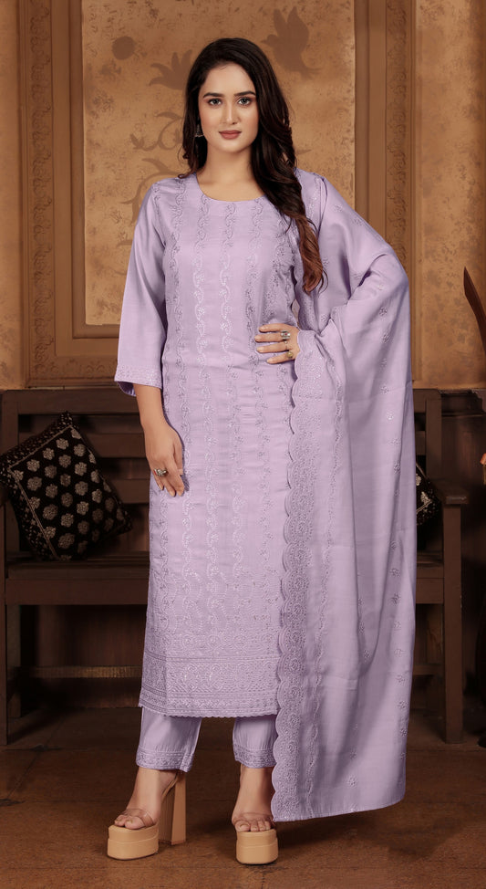 Lavender Color Peri Chanderi Fabric Thread And Sequance Embroidery Work A-Line Kurta