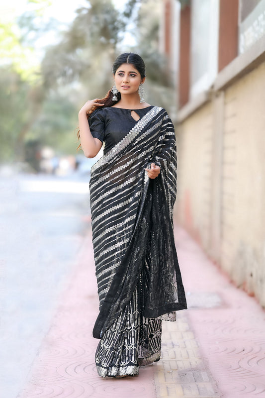 Black Color Georgette Fabric Glamorous Sequance Embroidery Work Saree