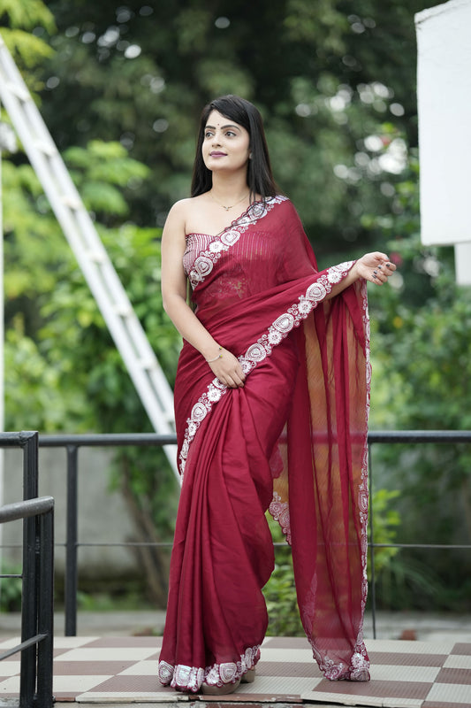 Maroon Color Satin Chiffon Fabric Glamorous Sequance Embroidery Work Saree