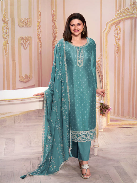 Sky Blue Color Silk Georgette Ethnic Partywear Designer Printed With Embroidery Work Salwar Kameez