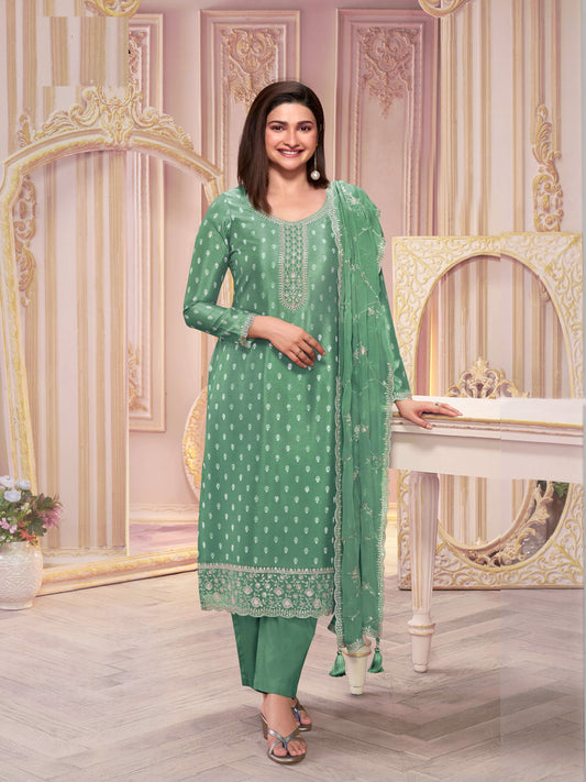 Green Color Silk Georgette Ethnic Partywear Designer Printed With Embroidery Work Salwar Kameez