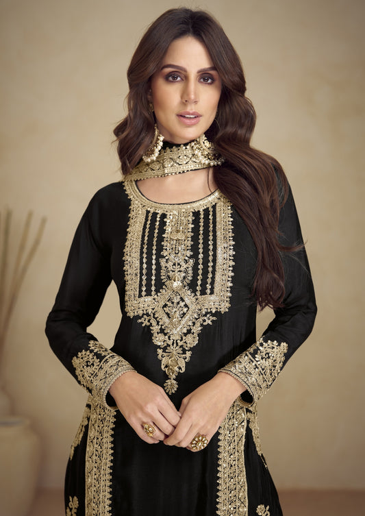 Black Color Georgette Fabric Heavy Embroidered Zari Work Wedding Wear Salwar Kameez