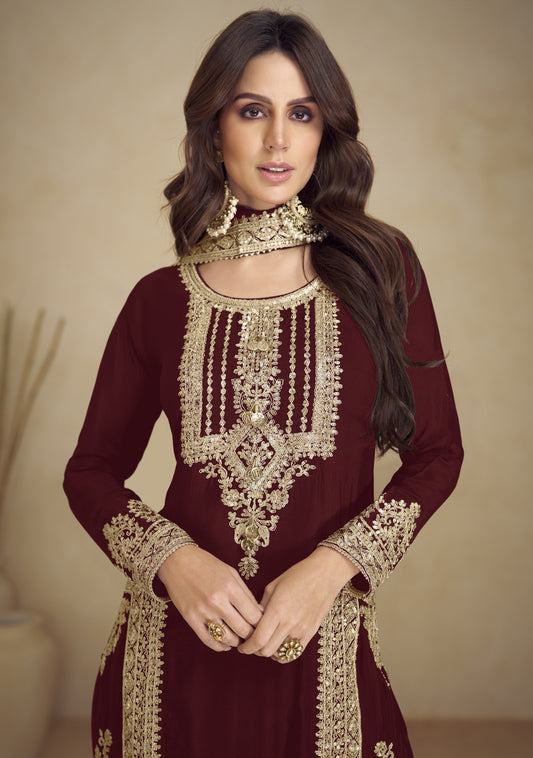 Maroon Color Georgette Fabric Heavy Embroidered Zari Work Wedding Wear Salwar Kameez