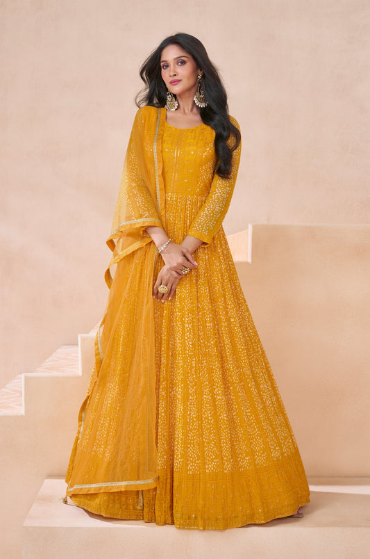 Yellow Color Bollywood Style Heavy Anarkali Dress For Wedding Reception Wear