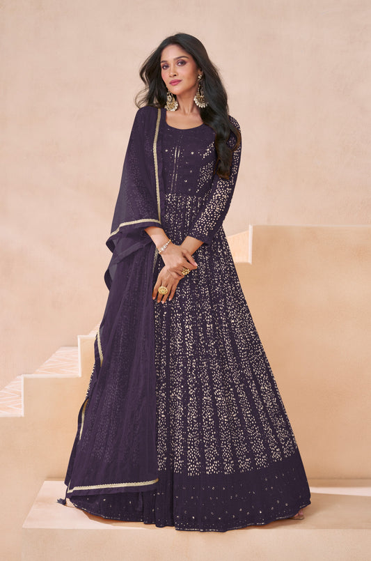 Wine Color Bollywood Style Heavy Anarkali Dress For Wedding Reception Wear