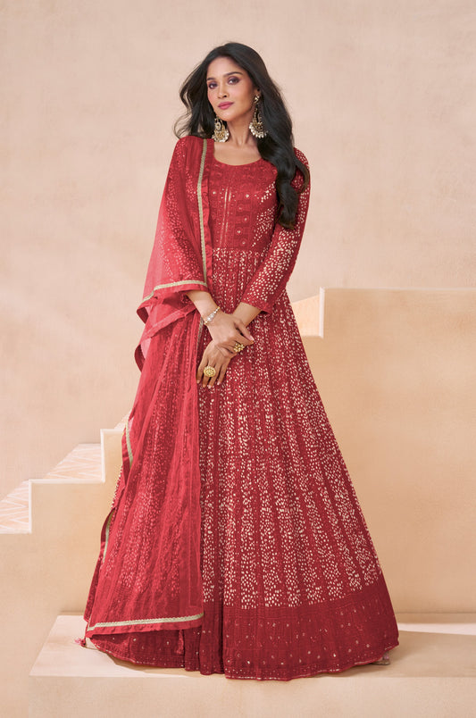 Red Color Bollywood Style Heavy Anarkali Dress For Wedding Reception Wear