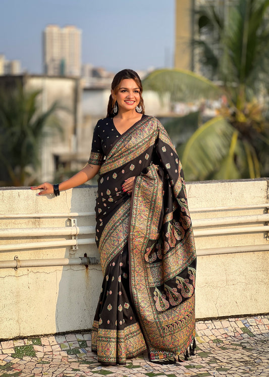 Graceful And Ethnic Black Color Wevon Kashmiri Meenakari Designer Trendy Partywear Saree