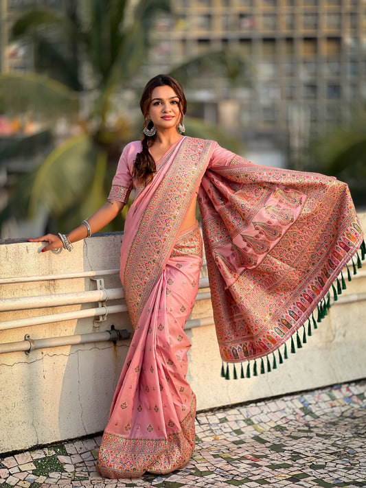 Graceful And Ethnic Pink Color Wevon Kashmiri Meenakari Designer Trendy Partywear Saree