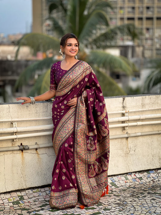 Graceful And Ethnic Magenta Color Wevon Kashmiri Meenakari Designer Trendy Partywear Saree