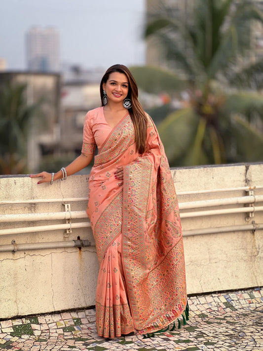 Graceful And Ethnic Peach Color Wevon Kashmiri Meenakari Designer Trendy Partywear Saree