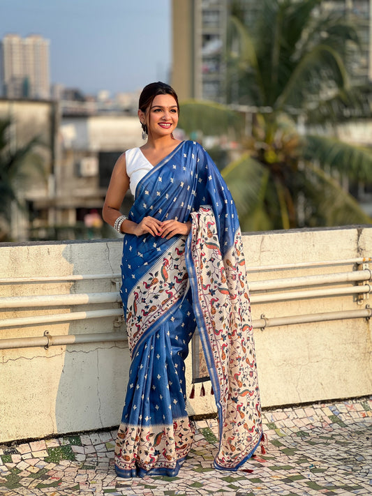 Blue Color Katki Silk Graceful Partywear Saree With Designer Kalankari Floral Printed