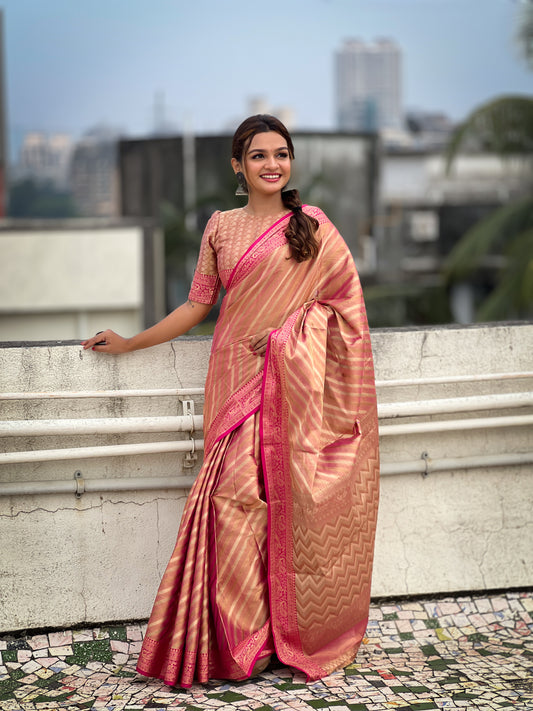 Pink Color Jari TissueFestive Ethnic Saree With Wevon Laheriya Designer Looks