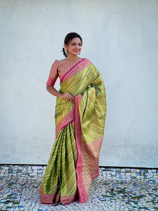 Green Color Jari TissueFestive Ethnic Saree With Wevon Laheriya Designer Looks