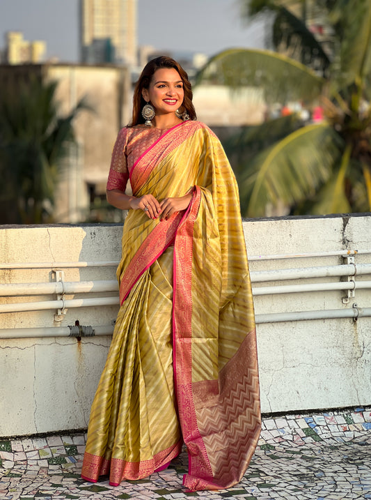 Yellow Color Jari TissueFestive Ethnic Saree With Wevon Laheriya Designer Looks