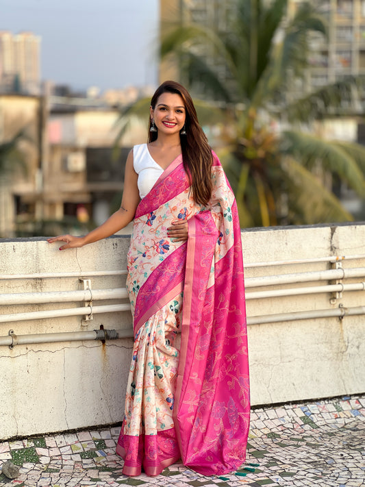 Pink Color Tussar Silk Ethnic Wevon Jari Designer With Kalamkari Printed Saree